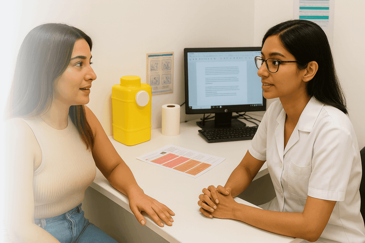 A pharmacist consulting with a patient in the dispensary