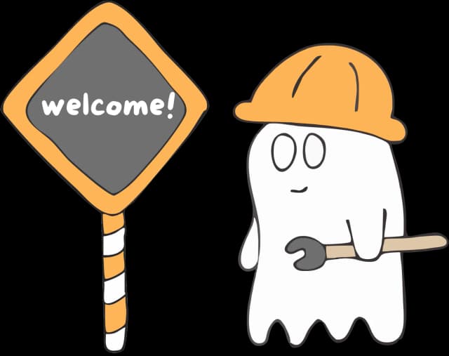 Character holding welcome sign